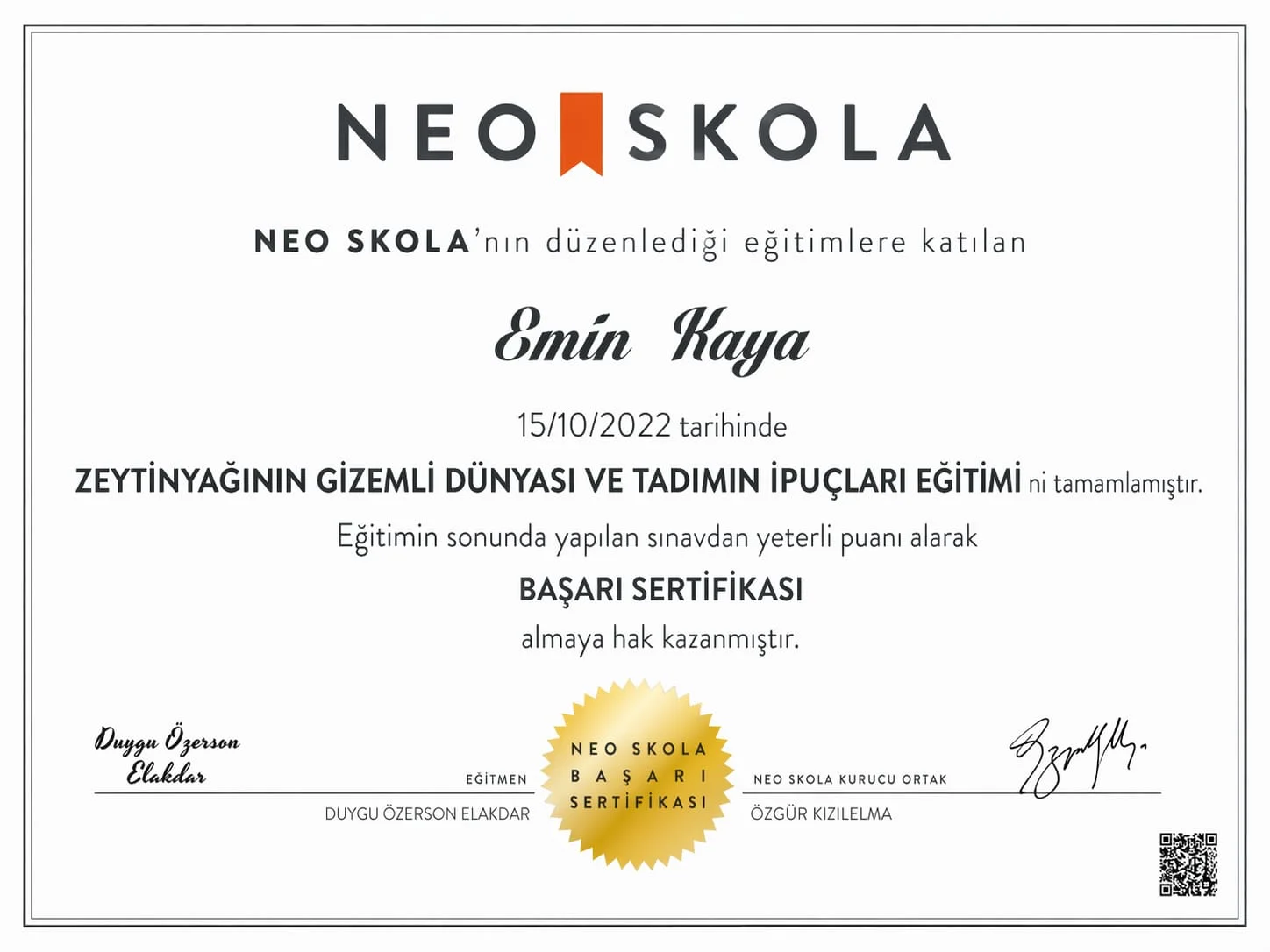 Zeytinyağ tadım Sertifikamız